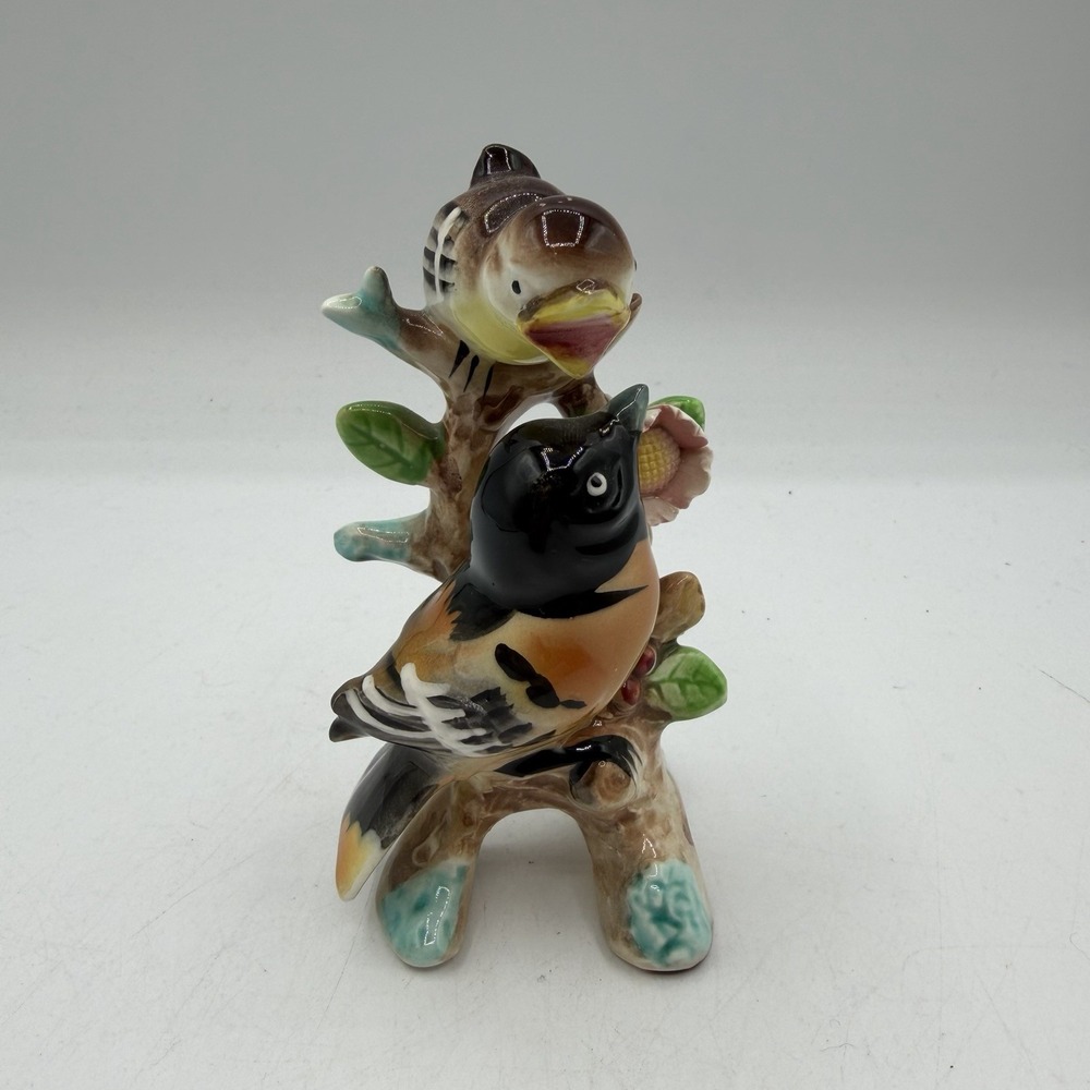 Vintage Oriole Birds on Branch Ceramic Figurine Japan 4.5" Tall 60s MCM